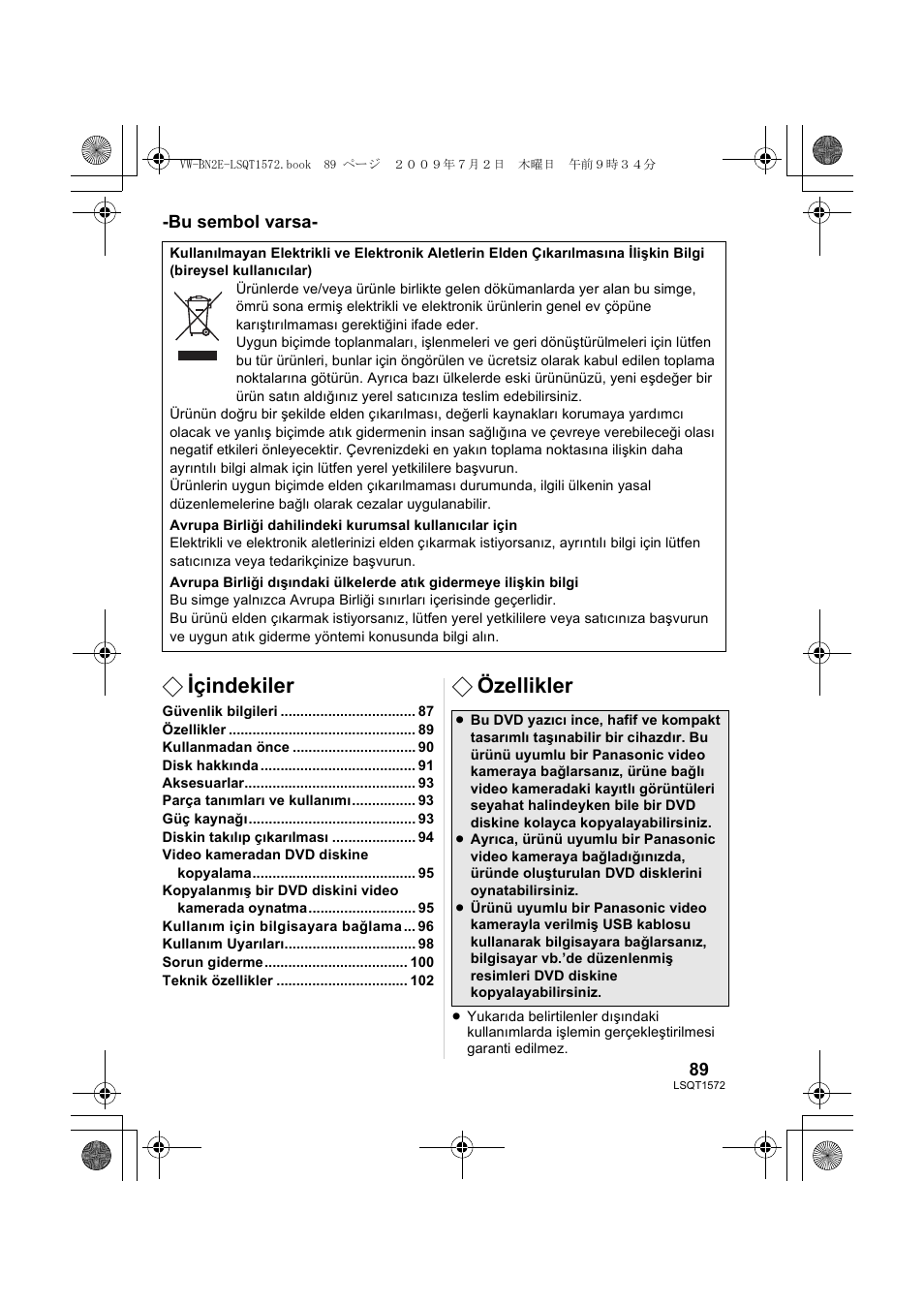 Içindekiler, Özellikler | Panasonic VWBN2 User Manual | Page 89 / 104