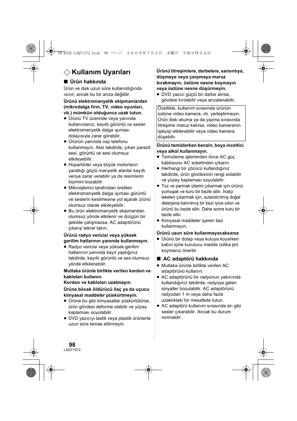 Kullanım uyarıları | Panasonic VWBN2 User Manual | Page 98 / 104