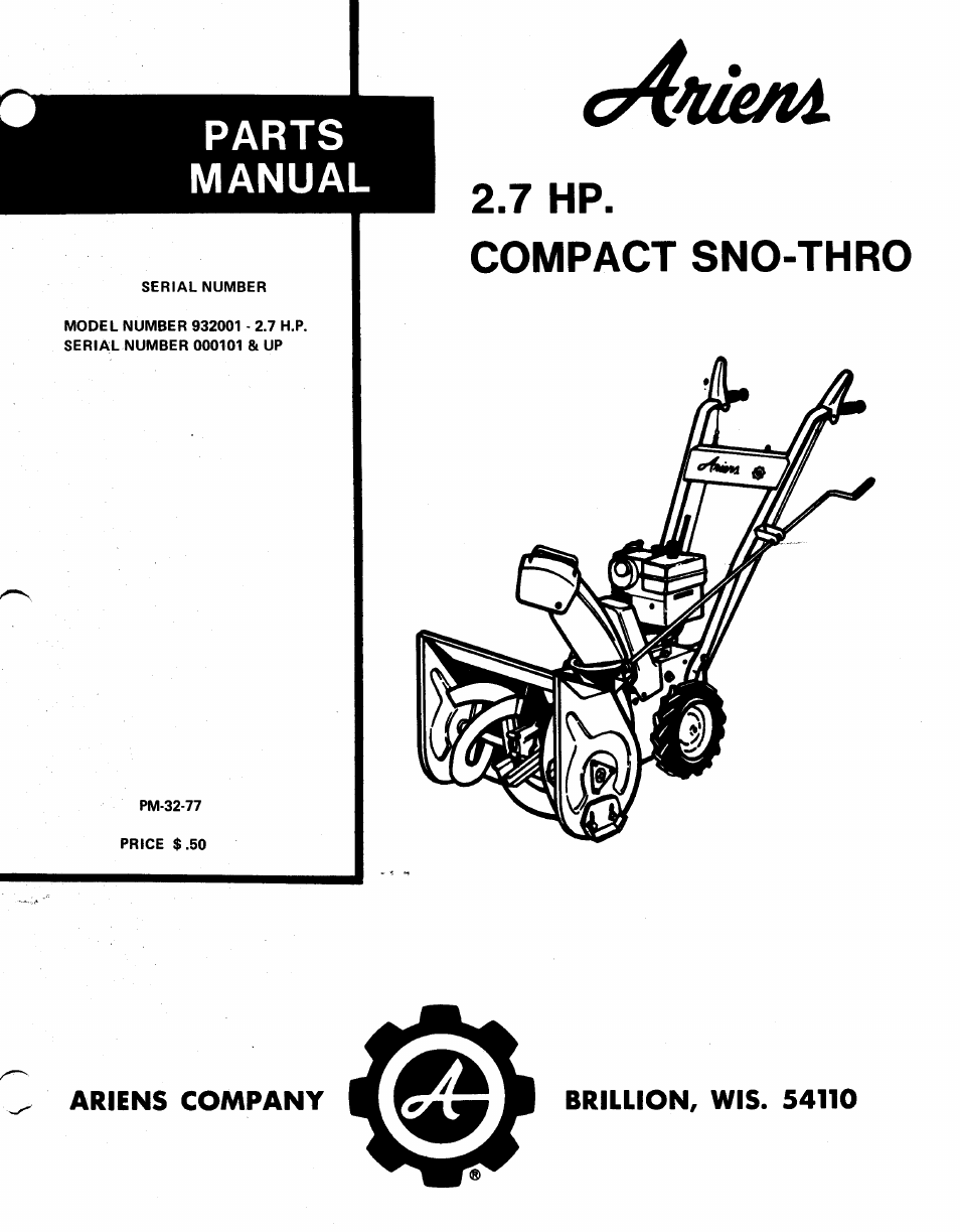 Ariens Sno-Thro PM-32-77 User Manual | 8 pages