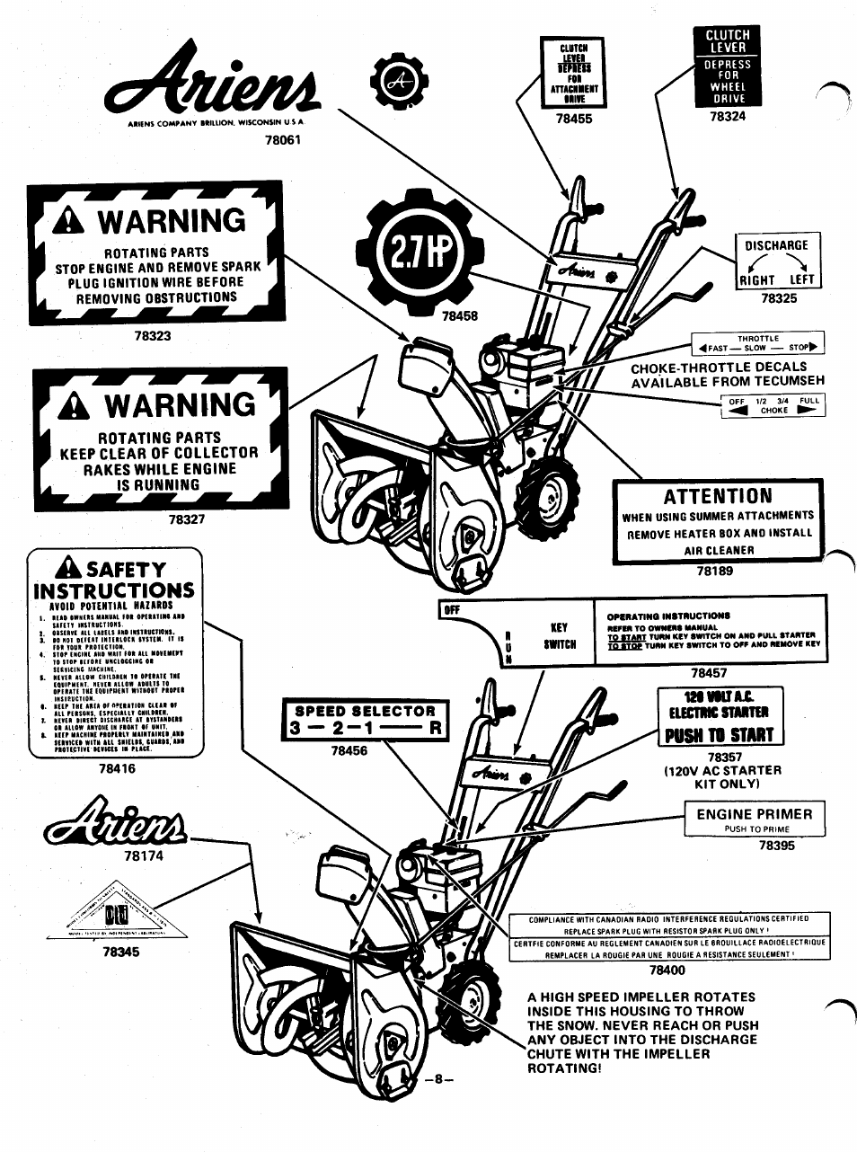 A warning, A safety instructions, Attention | 1 3 — 2 - 1 --------- f, Push id 5тлйт, Speed selector, Electric stmthi | Ariens Sno-Thro PM-32-77 User Manual | Page 8 / 8