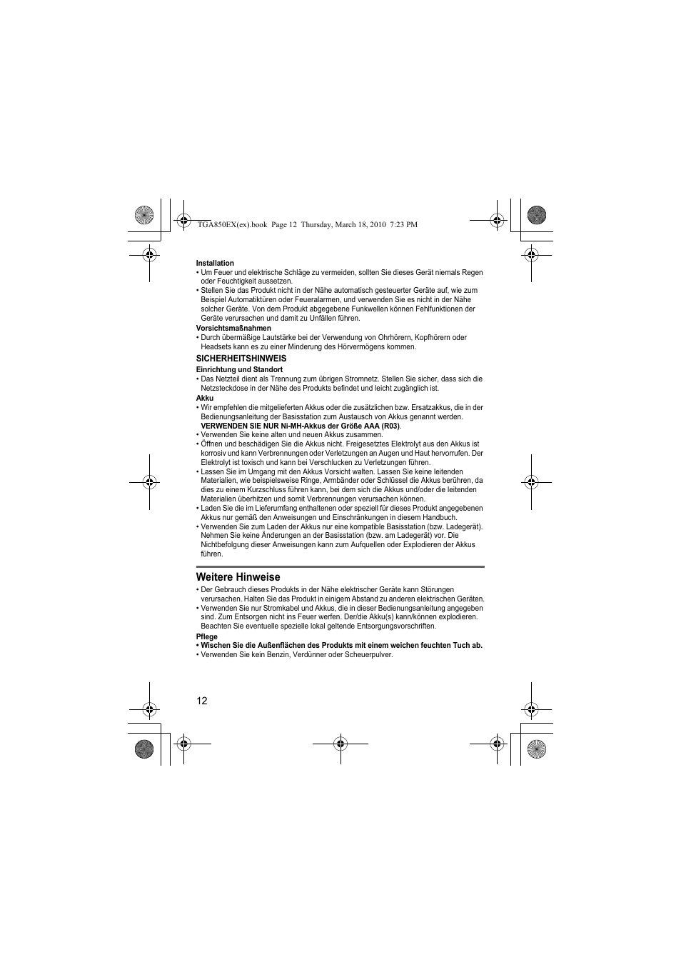 Weitere hinweise | Panasonic KXTGA850EX User Manual | Page 12 / 72