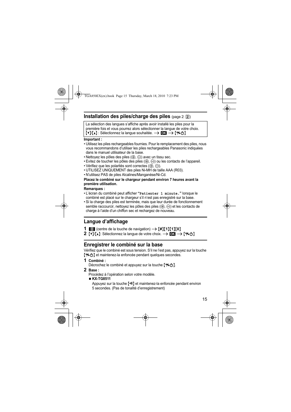 Installation des piles/charge des piles, Langue d’affichage, Enregistrer le combiné sur la base | Panasonic KXTGA850EX User Manual | Page 15 / 72