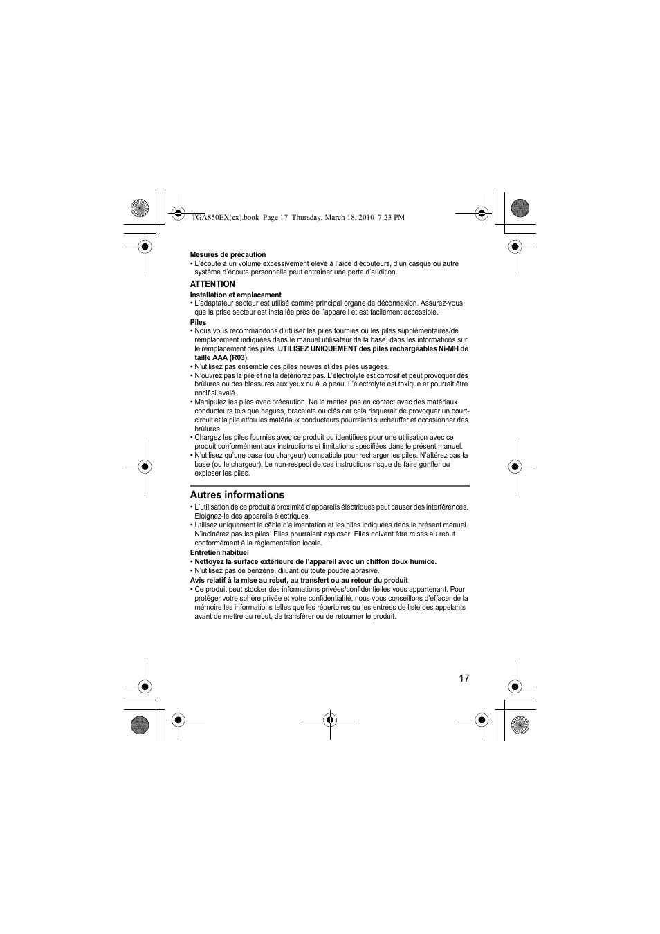 Autres informations | Panasonic KXTGA850EX User Manual | Page 17 / 72