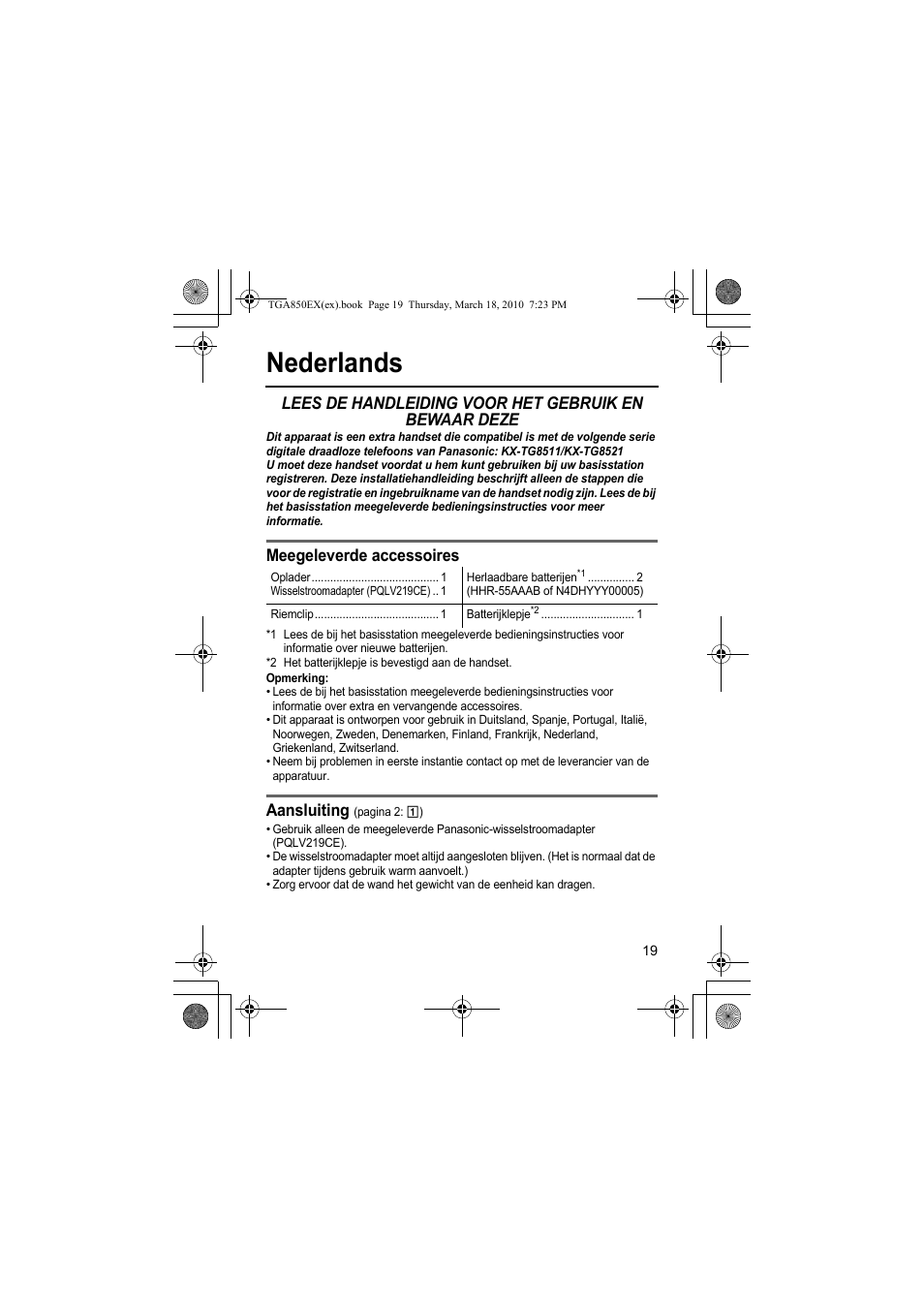 Nederlands, Meegeleverde accessoires, Aansluiting | Panasonic KXTGA850EX User Manual | Page 19 / 72