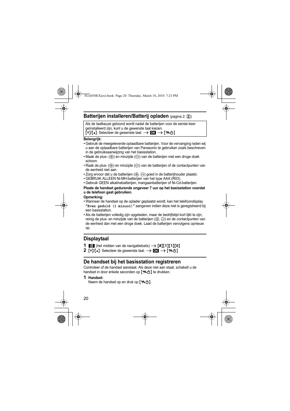 Batterijen installeren/batterij opladen, Displaytaal, De handset bij het basisstation registreren | Panasonic KXTGA850EX User Manual | Page 20 / 72