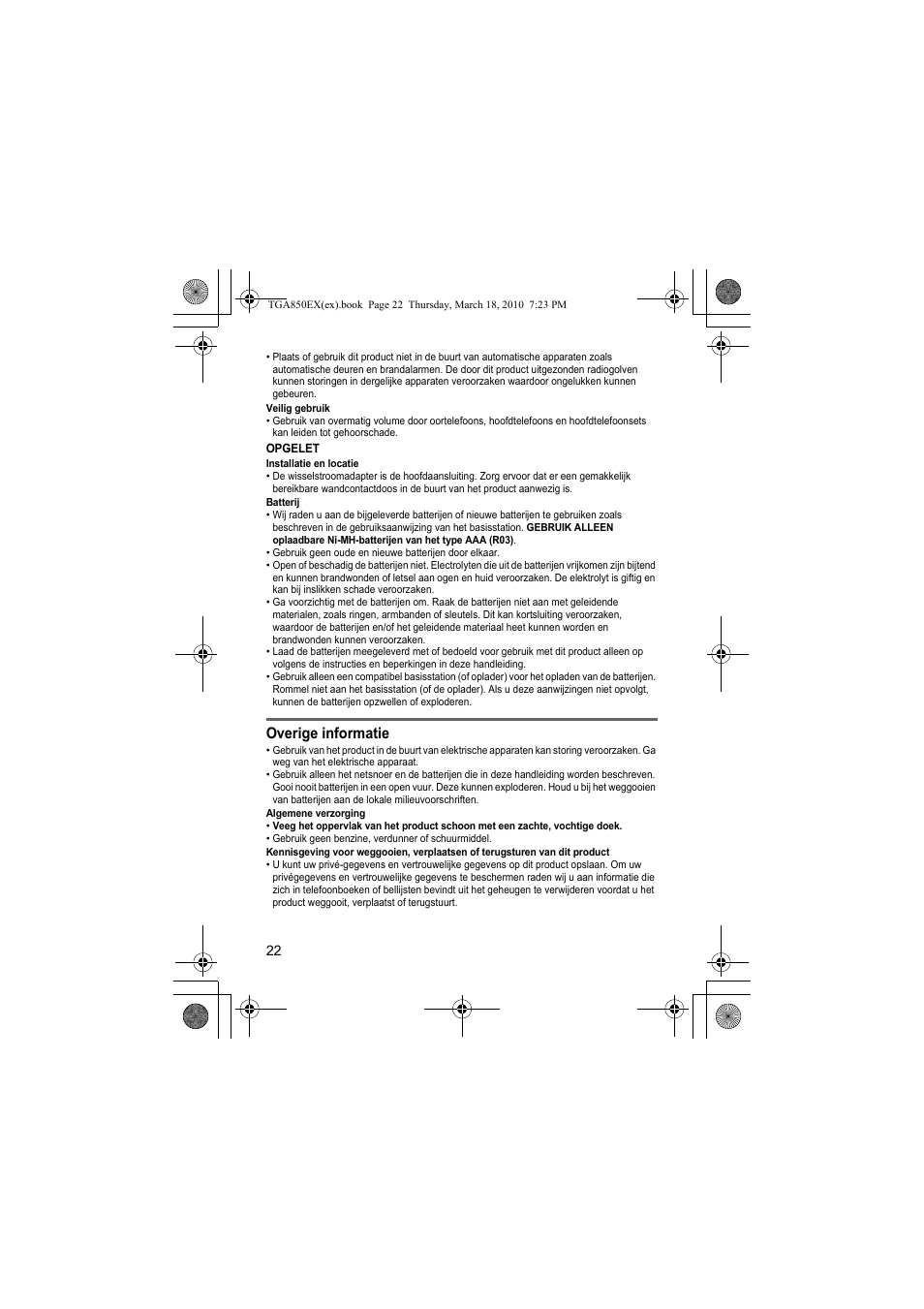 Overige informatie | Panasonic KXTGA850EX User Manual | Page 22 / 72