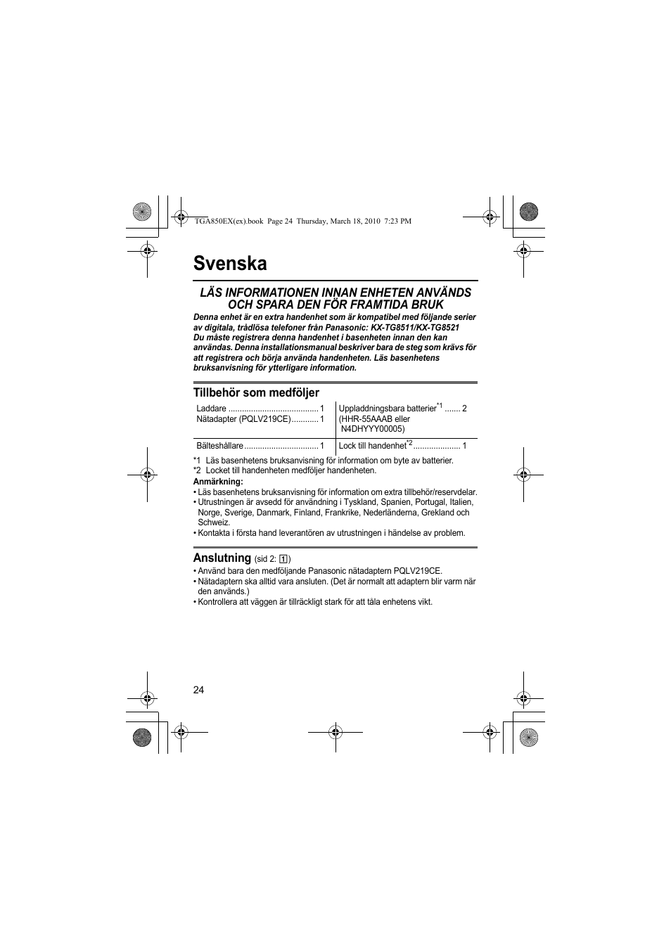 Svenska, Tillbehör som medföljer, Anslutning | Panasonic KXTGA850EX User Manual | Page 24 / 72