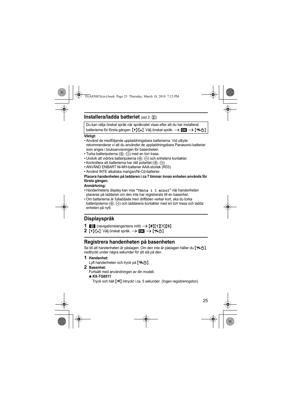 Installera/ladda batteriet, Displayspråk, Registrera handenheten på basenheten | Panasonic KXTGA850EX User Manual | Page 25 / 72