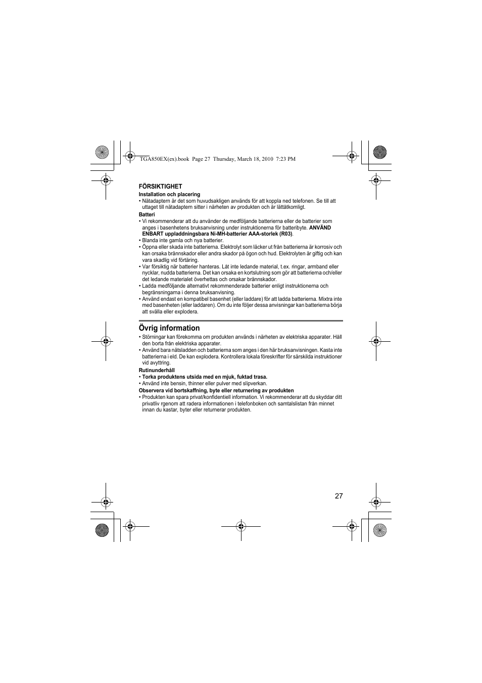 Övrig information | Panasonic KXTGA850EX User Manual | Page 27 / 72