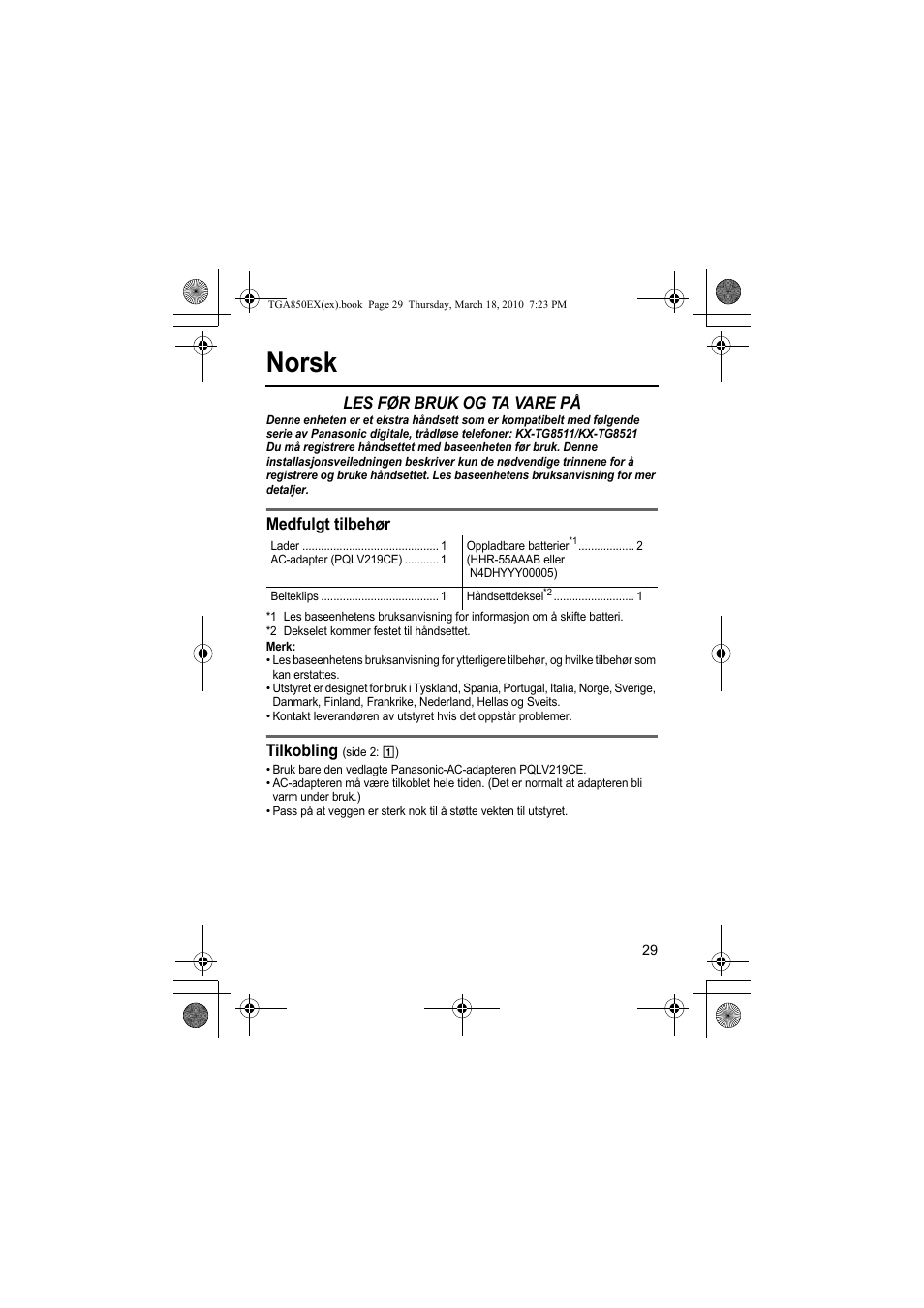 Norsk, Les før bruk og ta vare på, Medfulgt tilbehør | Tilkobling | Panasonic KXTGA850EX User Manual | Page 29 / 72