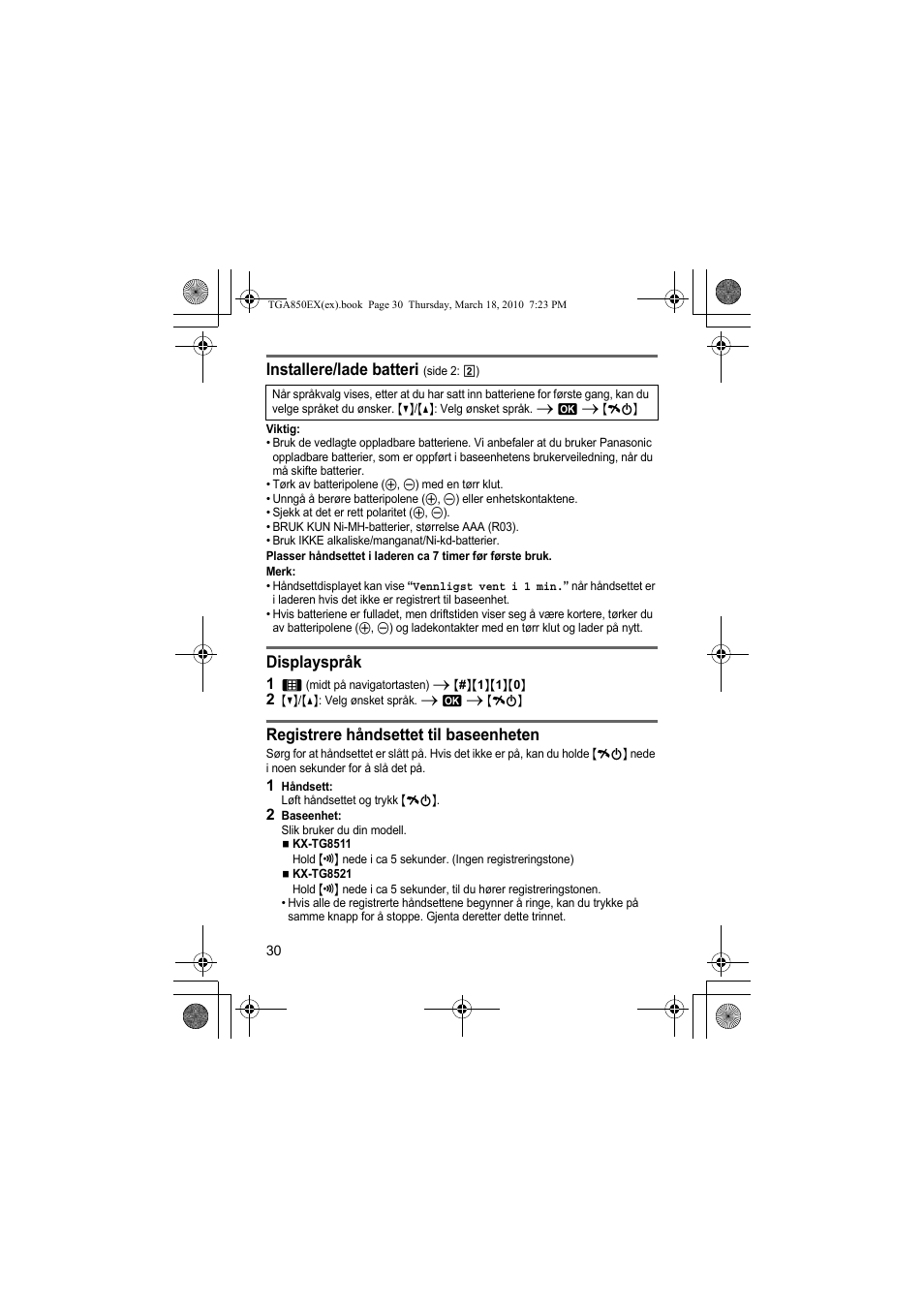 Installere/lade batteri, Displayspråk, Registrere håndsettet til baseenheten | Panasonic KXTGA850EX User Manual | Page 30 / 72