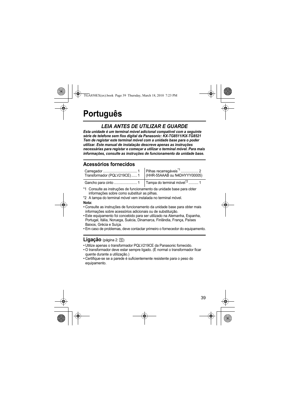 Português, Leia antes de utilizar e guarde, Acessórios fornecidos | Ligação | Panasonic KXTGA850EX User Manual | Page 39 / 72