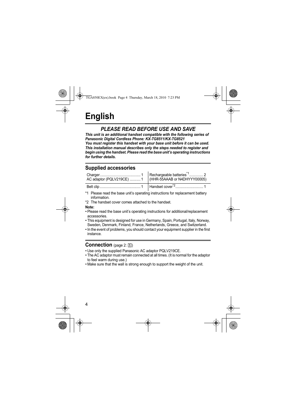 English, Please read before use and save, Supplied accessories | Connection | Panasonic KXTGA850EX User Manual | Page 4 / 72