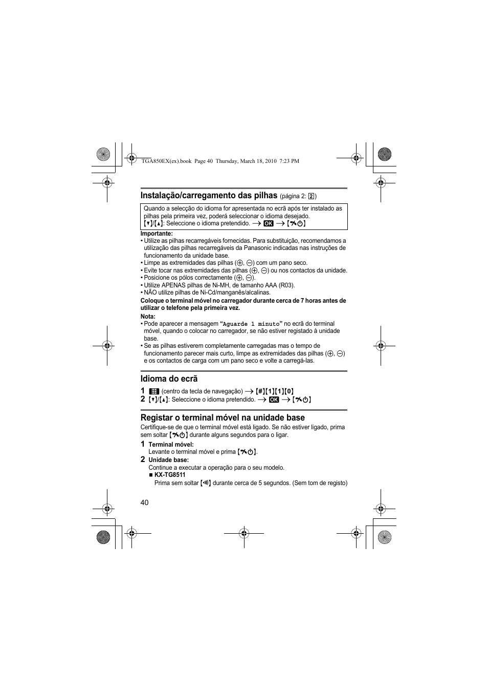 Instalação/carregamento das pilhas, Idioma do ecrã, Registar o terminal móvel na unidade base | Panasonic KXTGA850EX User Manual | Page 40 / 72