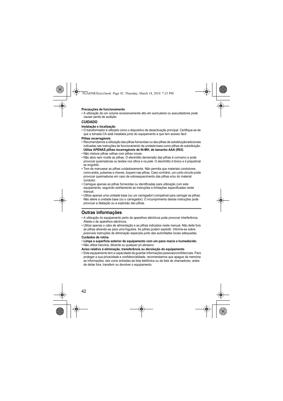 Outras informações | Panasonic KXTGA850EX User Manual | Page 42 / 72