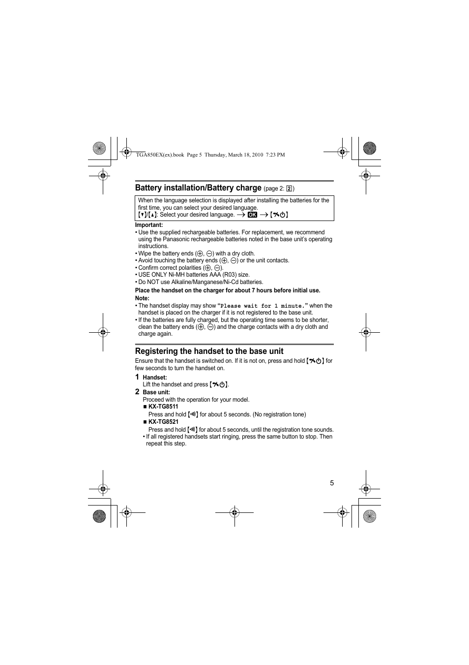 Battery installation/battery charge, Registering the handset to the base unit | Panasonic KXTGA850EX User Manual | Page 5 / 72