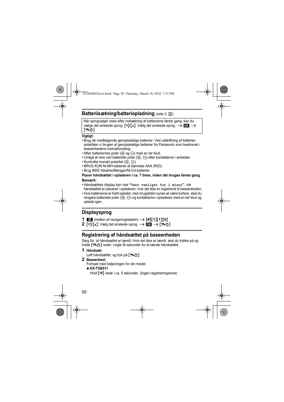 Batteriisætning/batteriopladning, Displaysprog, Registrering af håndsættet på baseenheden | Panasonic KXTGA850EX User Manual | Page 50 / 72