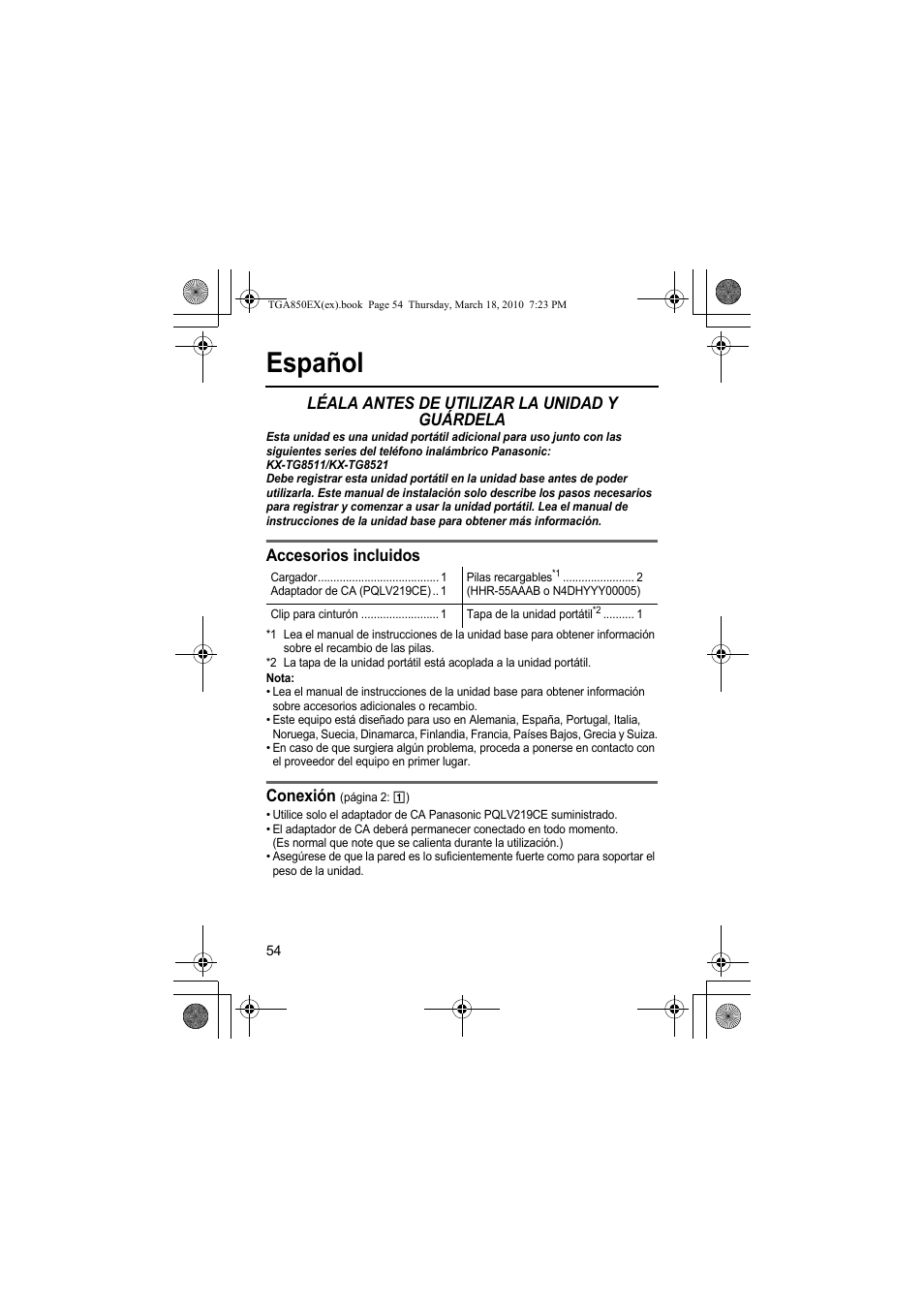 Español, Léala antes de utilizar la unidad y guárdela, Accesorios incluidos | Conexión | Panasonic KXTGA850EX User Manual | Page 54 / 72