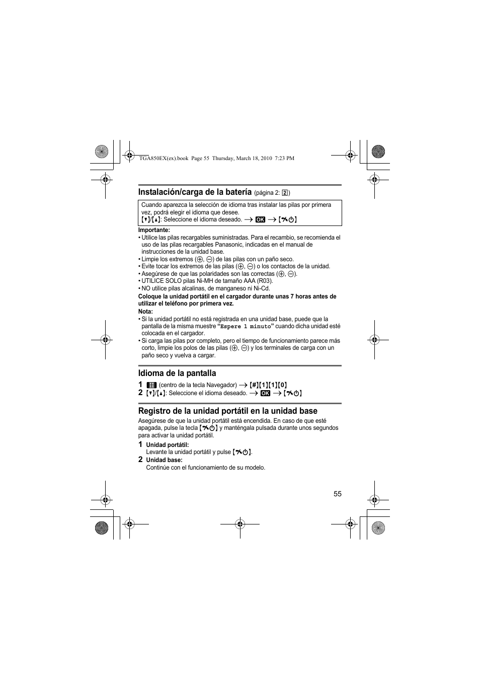 Instalación/carga de la batería, Idioma de la pantalla, Registro de la unidad portátil en la unidad base | Panasonic KXTGA850EX User Manual | Page 55 / 72