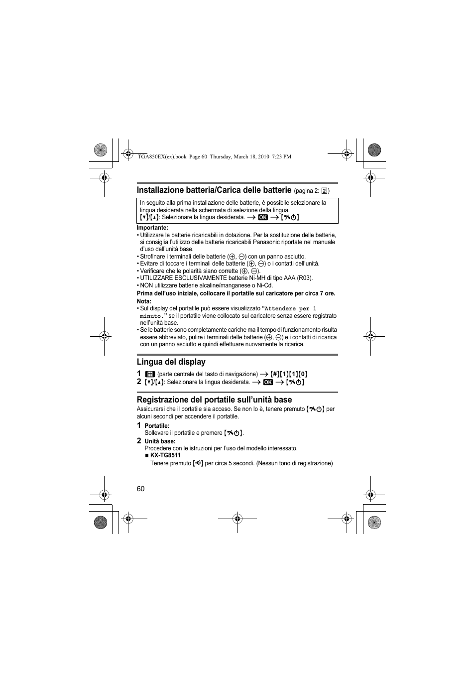 Installazione batteria/carica delle batterie, Lingua del display, Registrazione del portatile sull’unità base | Panasonic KXTGA850EX User Manual | Page 60 / 72