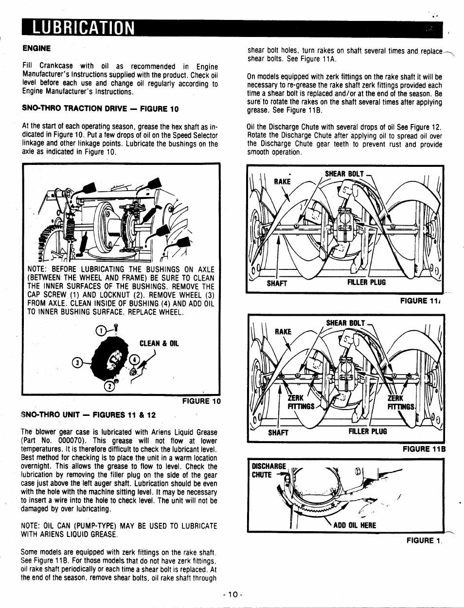 Lubrication, Engine, Sno-thro traction drive - figure 10 | Ariens 932007 User Manual | Page 10 / 16