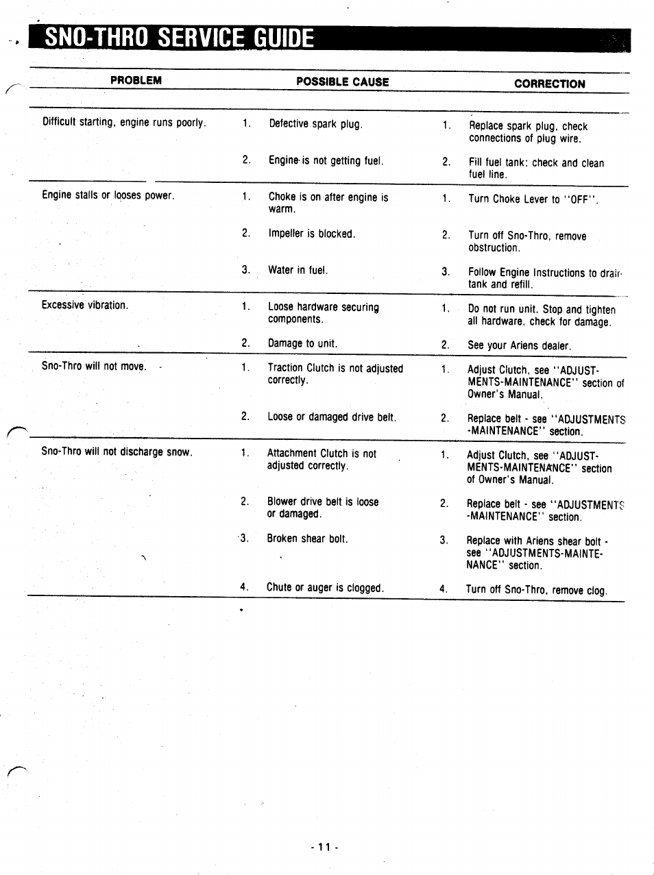 Sno-thro service guide, Problem possible cause correction | Ariens 932007 User Manual | Page 11 / 16