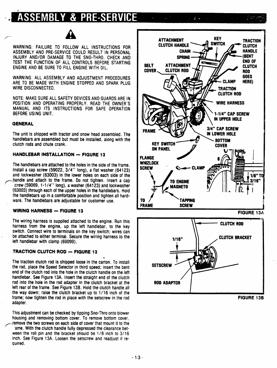 Assembly & pre-service, General, Handlebar installation - figure 13 | Wiring harness - figure 13, Traction clutch rod - figure 13, Figure 13a | Ariens 932007 User Manual | Page 13 / 16