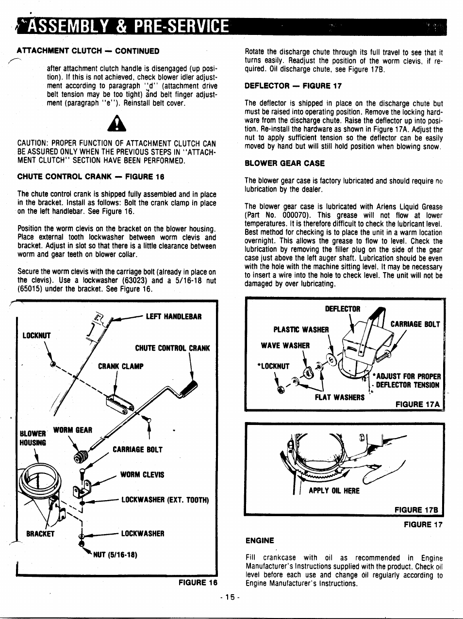 Assembly & pre-service, Attachment clutch - continued, Chute control crank — figure 16 | Deflector - figure 17, Blower gear case | Ariens 932007 User Manual | Page 15 / 16