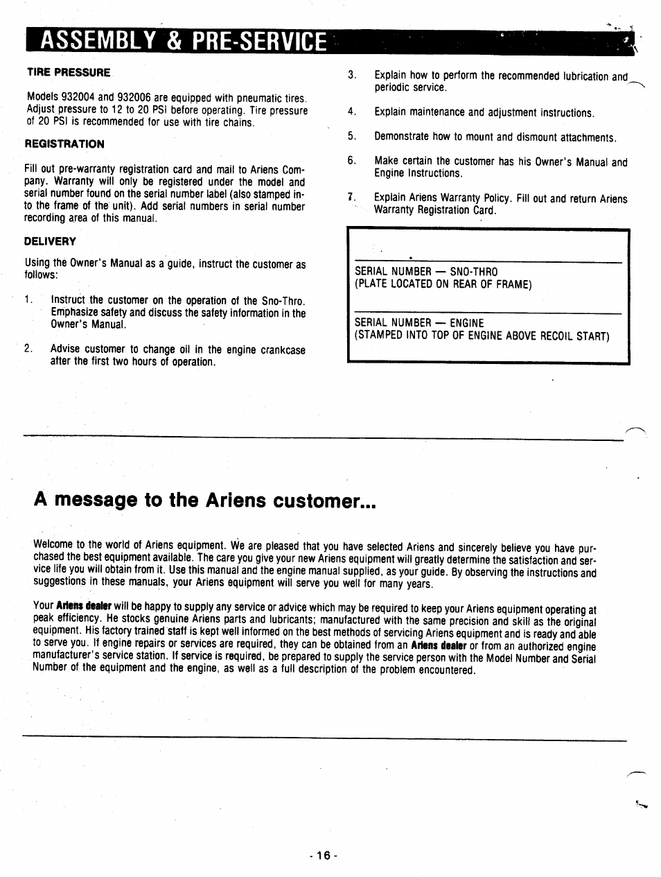 A message to the ariens customer, Assembly & pre-service, Tire pressure | Registration, Delivery | Ariens 932007 User Manual | Page 16 / 16