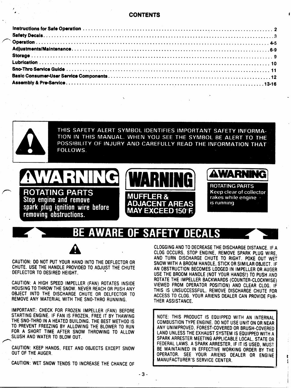 Muffler & adjacent areas may exceed 15(t f, Be aware of safety decals, Awarning | Awarmng | Ariens 932007 User Manual | Page 3 / 16