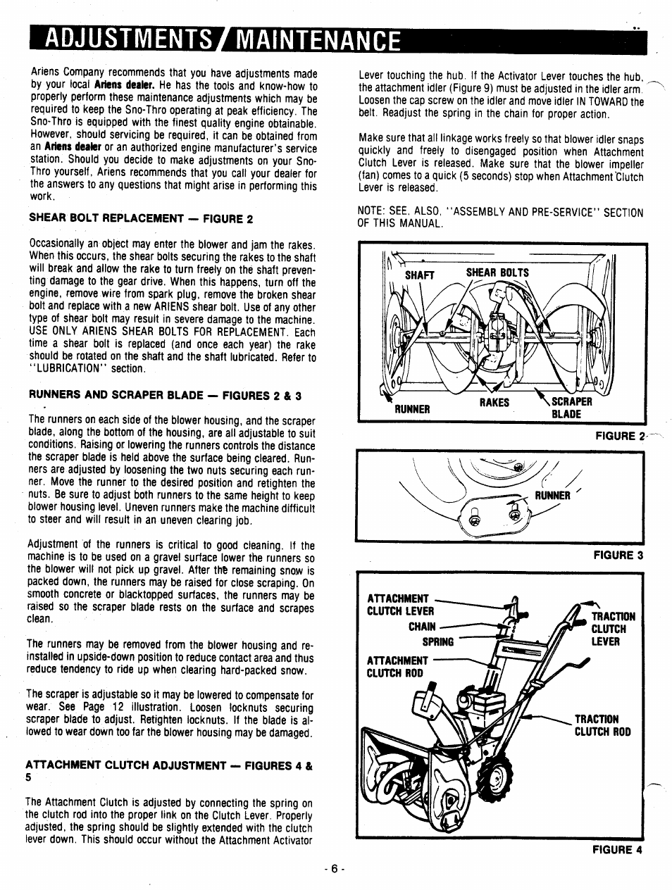 Adjustments/ maintenance, Shear bolt replacement - figure 2, Runners and scraper blade — figures 2 & 3 | Attachment clutch adjustment — figures 4 & 5 | Ariens 932007 User Manual | Page 6 / 16