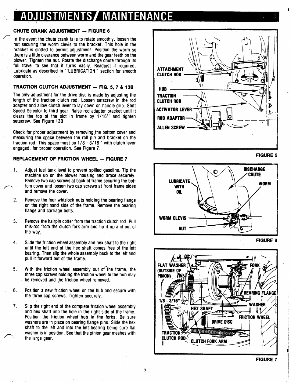 Adjustments/ maintenance, Figure 7, Chute crank adjustment ~ figure 6 | Traction clutch adjustment - fig. 5, 7 & 13b, Replacement of friction wheel - figure 7, Figure 5 | Ariens 932007 User Manual | Page 7 / 16