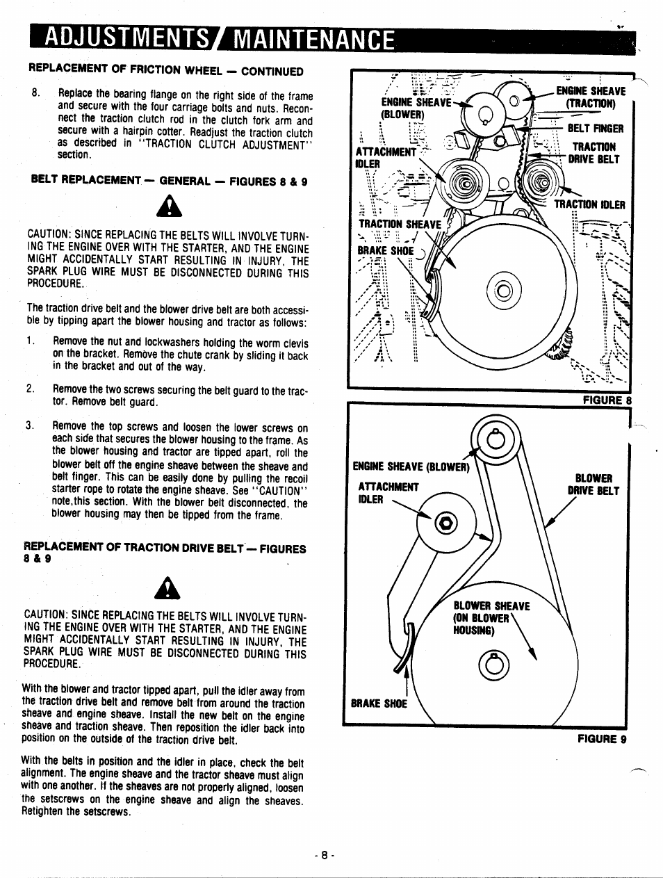 Adjustments/ maintenance, Ii j, Replacement of friction wheel — continued | Belt replacement - general — figures 8 & 9, Replacement of traction drive belt — figures 3 & 9, Figure 8, Figure 9 | Ariens 932007 User Manual | Page 8 / 16