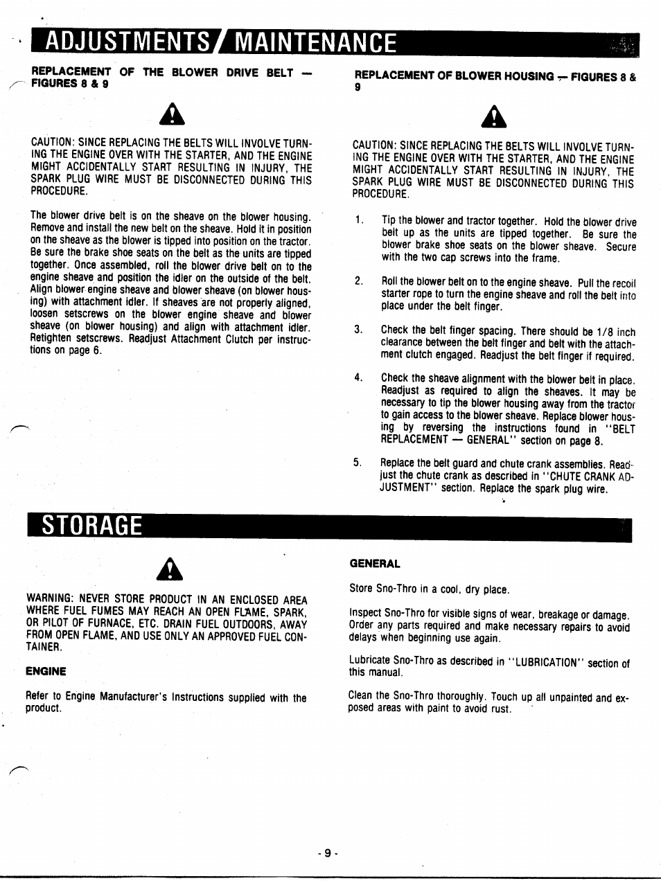 Storage, Adjustments/ maintenance, Figures 8 & 9 | Engine, General | Ariens 932007 User Manual | Page 9 / 16