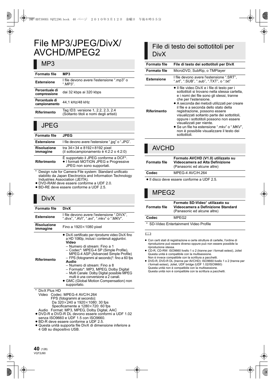 File mp3/jpeg/divx/ avchd/mpeg2, Jpeg, Divx | File di testo dei sottotitoli per divx, Avchd, Mpeg2 | Panasonic DMPBDT300EG User Manual | Page 128 / 288