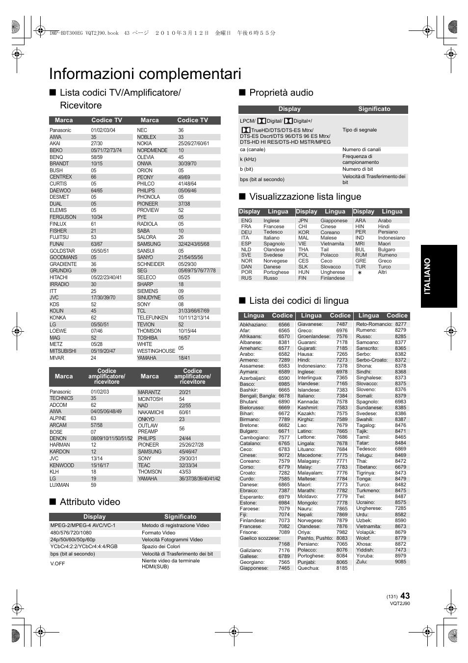 Informazioni complementari, It alia no | Panasonic DMPBDT300EG User Manual | Page 131 / 288