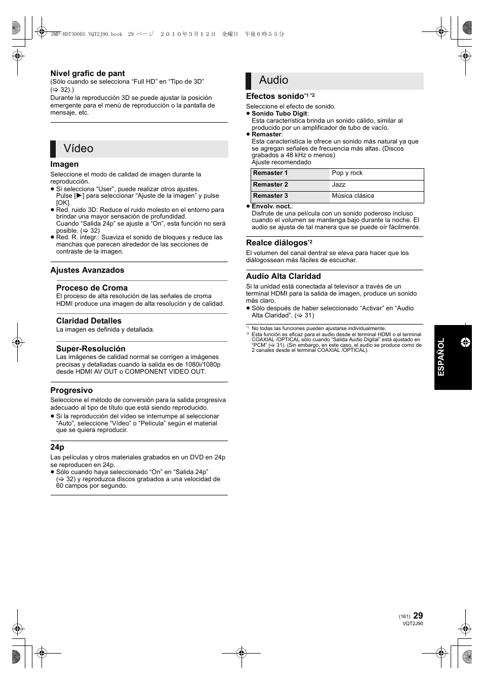 Vídeo, Audio | Panasonic DMPBDT300EG User Manual | Page 161 / 288