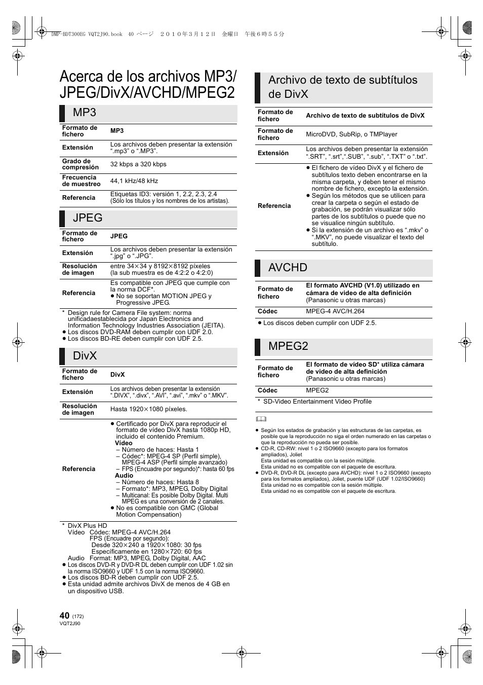 Acerca de los archivos mp3/ jpeg/divx/avchd/mpeg2, Jpeg, Divx | Archivo de texto de subtítulos de divx, Avchd, Mpeg2 | Panasonic DMPBDT300EG User Manual | Page 172 / 288
