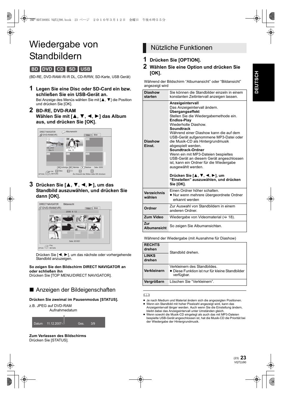 Wiedergabe von standbildern, Nützliche funktionen, Anzeigen der bildeigenschaften | Bd dvd cd sd usb, Drücken sie [option, Wählen sie eine option und drücken sie [ok | Panasonic DMPBDT300EG User Manual | Page 23 / 288