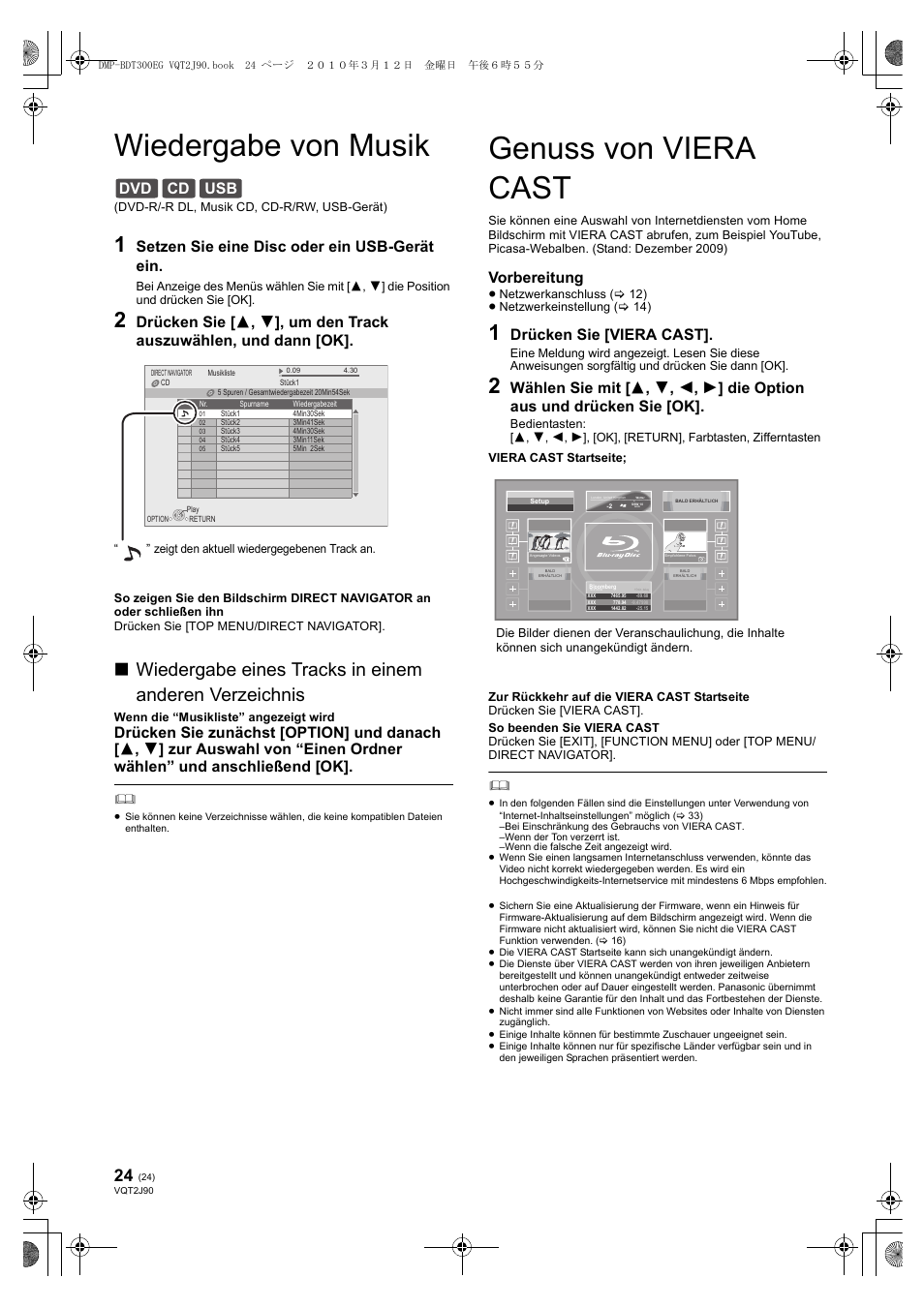 Wiedergabe von musik, Genuss von viera cast, Dvd cd usb | Setzen sie eine disc oder ein usb-gerät ein, Vorbereitung, Drücken sie [viera cast | Panasonic DMPBDT300EG User Manual | Page 24 / 288