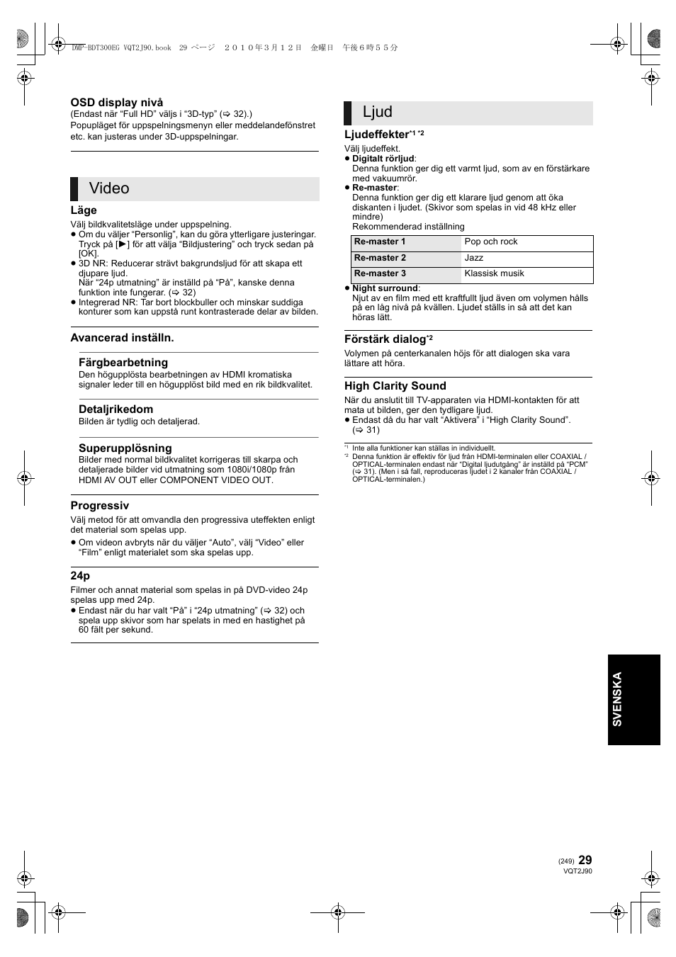 Video, Ljud | Panasonic DMPBDT300EG User Manual | Page 249 / 288