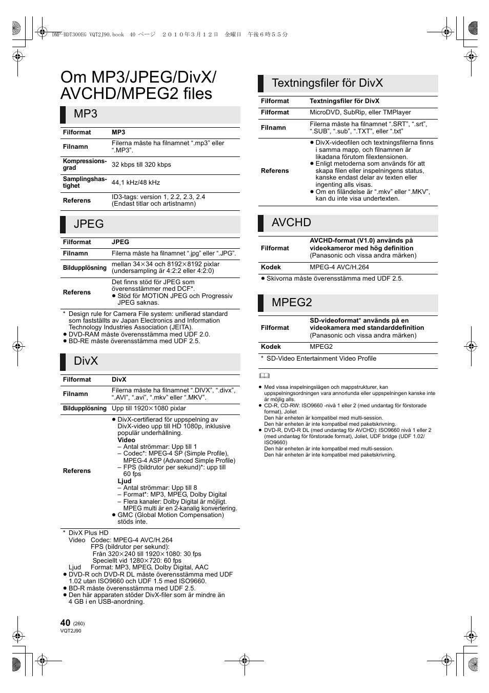 Om mp3/jpeg/divx/ avchd/mpeg2 files, Jpeg, Divx | Textningsfiler för divx, Avchd, Mpeg2 | Panasonic DMPBDT300EG User Manual | Page 260 / 288