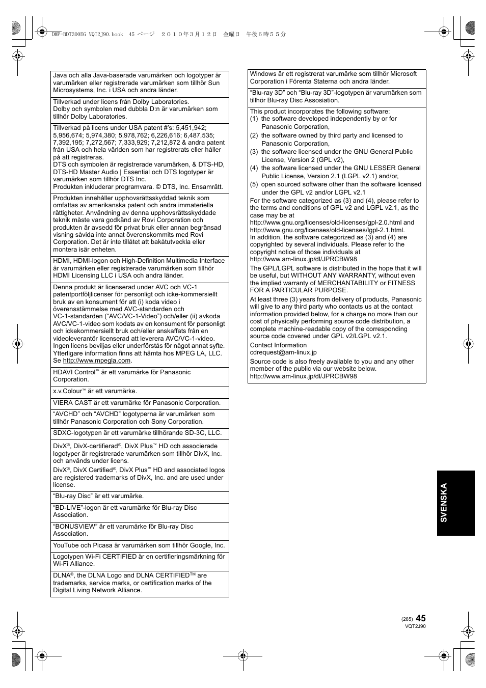 Sv e ns ka | Panasonic DMPBDT300EG User Manual | Page 265 / 288