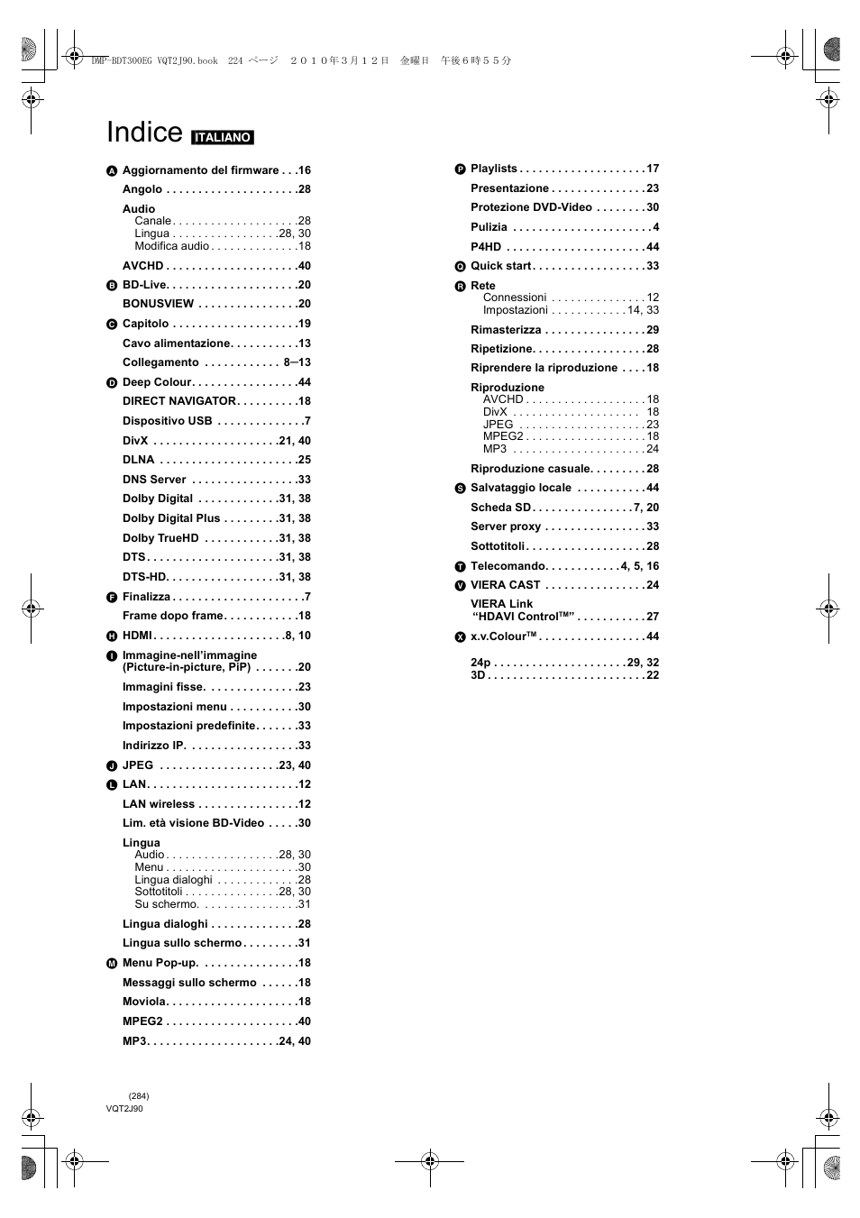 Indice | Panasonic DMPBDT300EG User Manual | Page 284 / 288