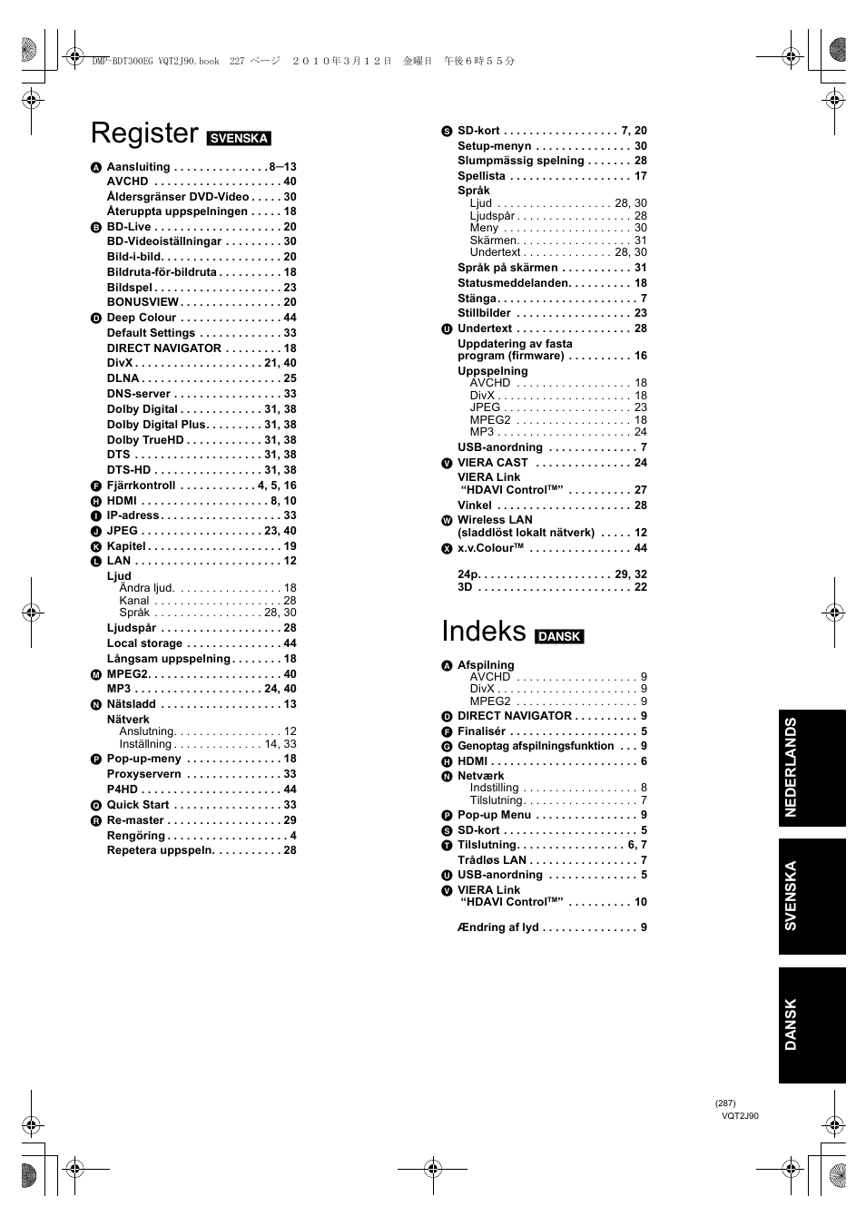 Register, Indeks | Panasonic DMPBDT300EG User Manual | Page 287 / 288