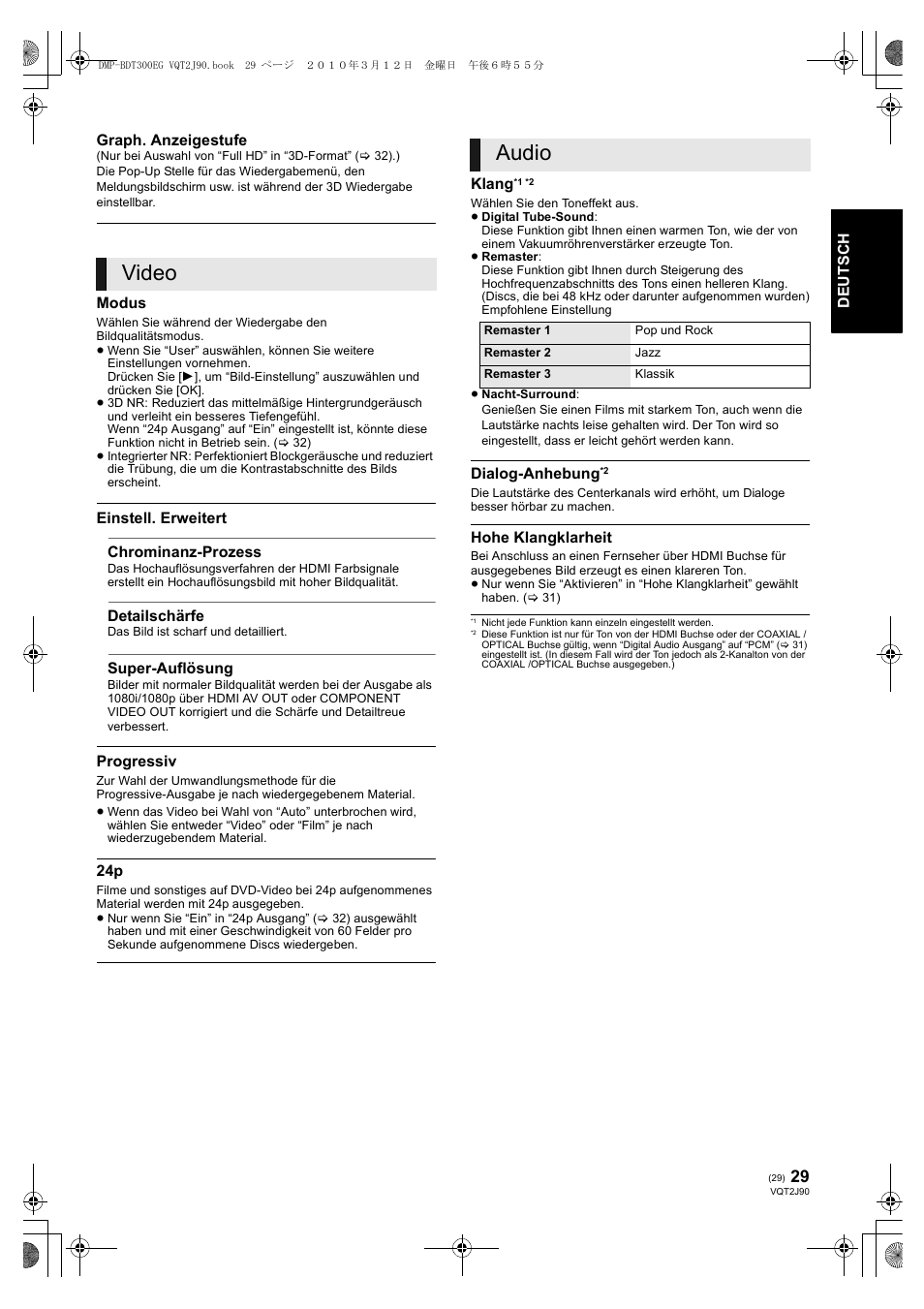 Video, Audio | Panasonic DMPBDT300EG User Manual | Page 29 / 288