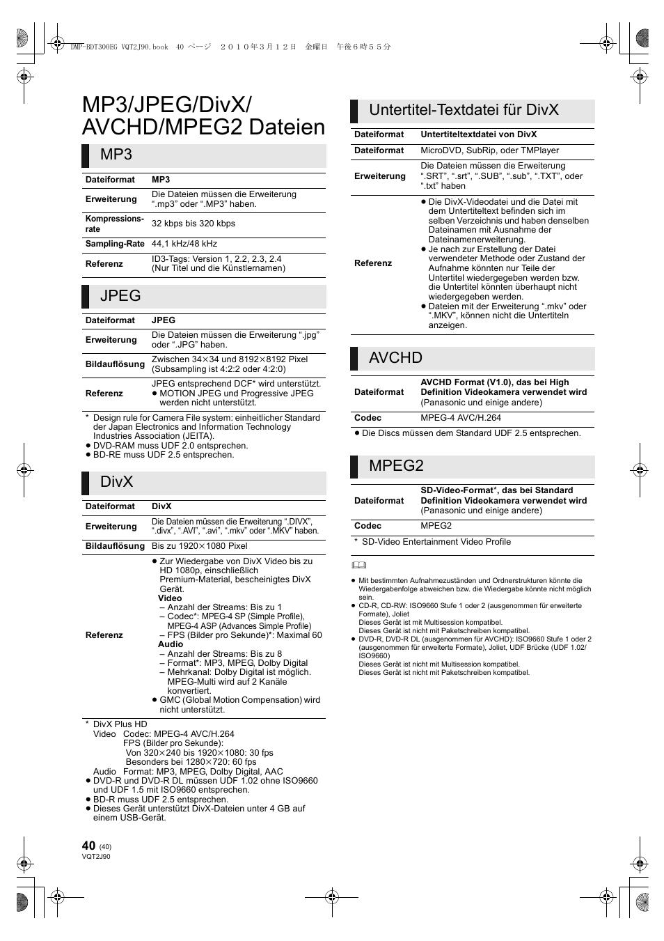 Mp3/jpeg/divx/ avchd/mpeg2 dateien, Jpeg, Divx | Untertitel-textdatei für divx, Avchd, Mpeg2 | Panasonic DMPBDT300EG User Manual | Page 40 / 288