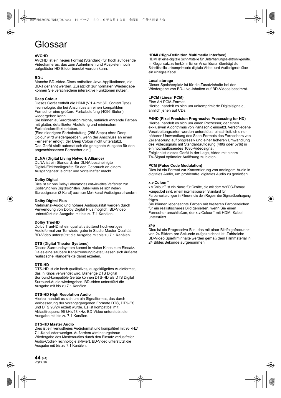 Glossar | Panasonic DMPBDT300EG User Manual | Page 44 / 288