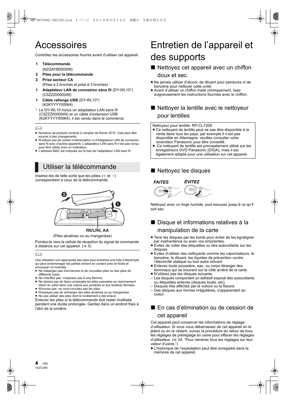 Accessoires, Entretien de l’appareil et des supports, Utiliser la télécommande | Nettoyez cet appareil avec un chiffon doux et sec, En cas d’élimination ou de cession de cet appareil | Panasonic DMPBDT300EG User Manual | Page 48 / 288