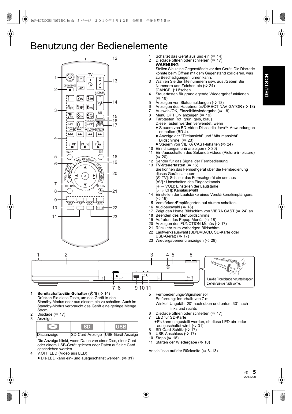 Benutzung der bedienelemente | Panasonic DMPBDT300EG User Manual | Page 5 / 288